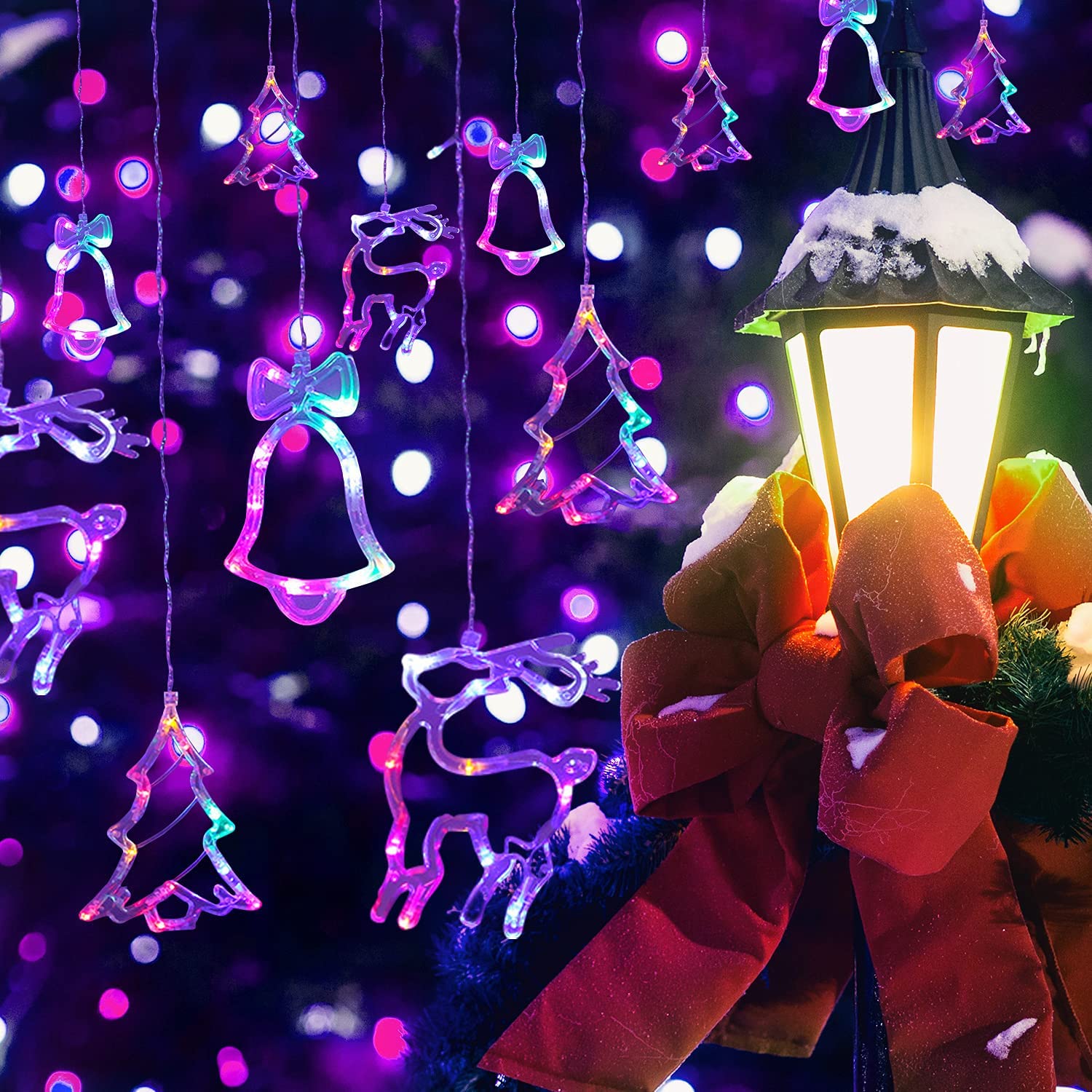 Instalatie Craciun Perdea Luminoasa Cu Figurine Brazi, Reni Si Clopotei, 4m, Multicolor