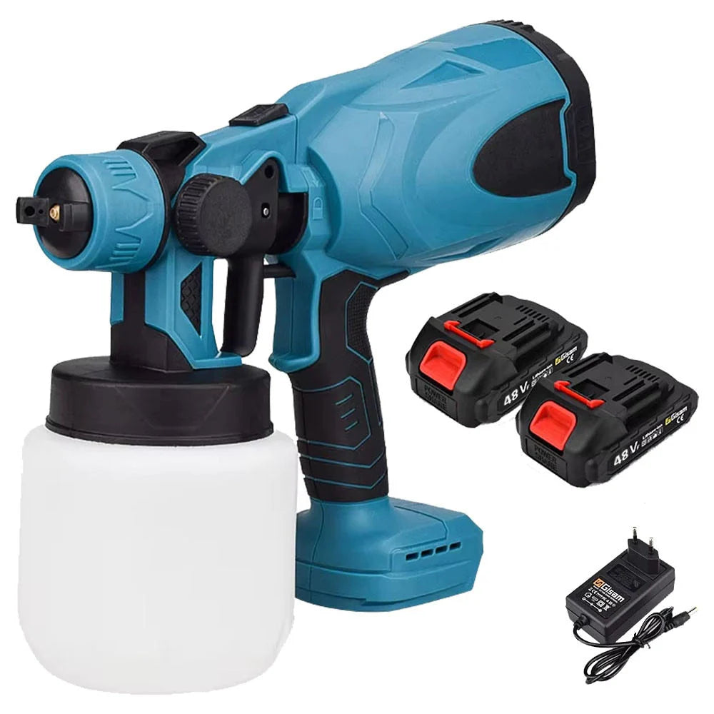 Pistol Electric de vopsea fara fir cu 2 acumulatori de 48v, 1000ml - 3 moduri de pulverizare, ideal pentru tavane, pereti si garduri, albastru