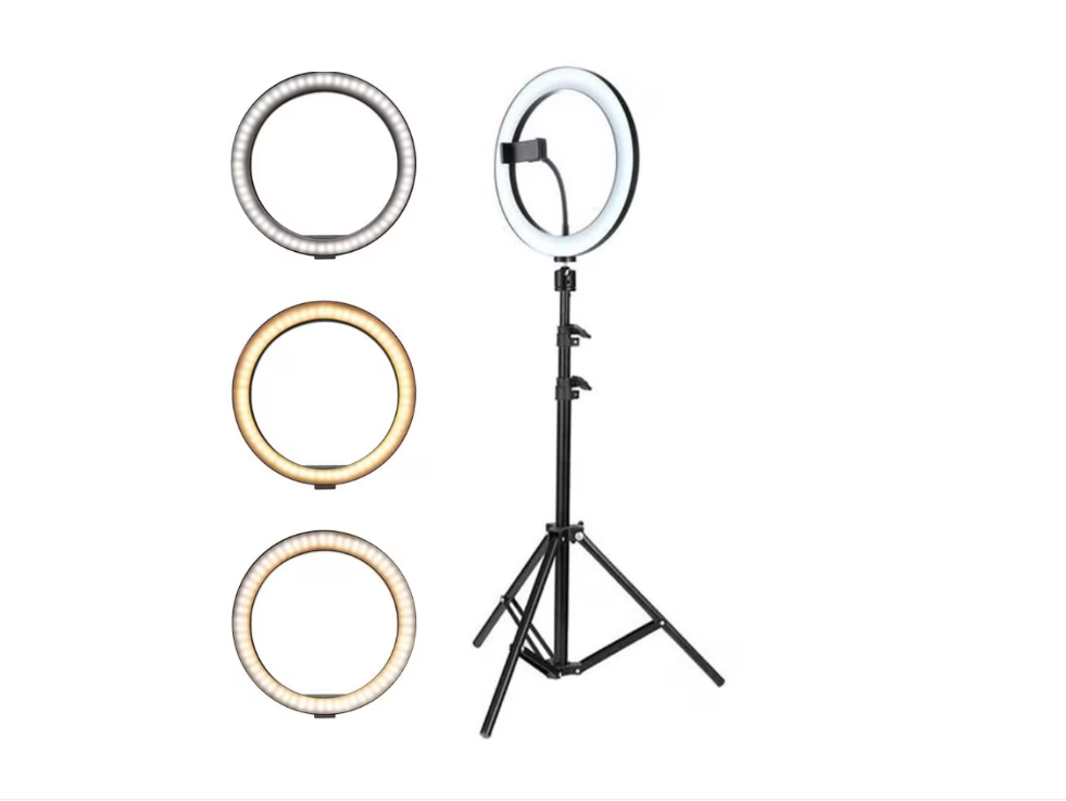 Lampa circulara profesionala Led Ring Light, diametru 26 cm, 10 inch, 120 LED-uri , trepied inclus, 3 moduri de lumina, 10 trepte reglaj, suport telefon, Negru