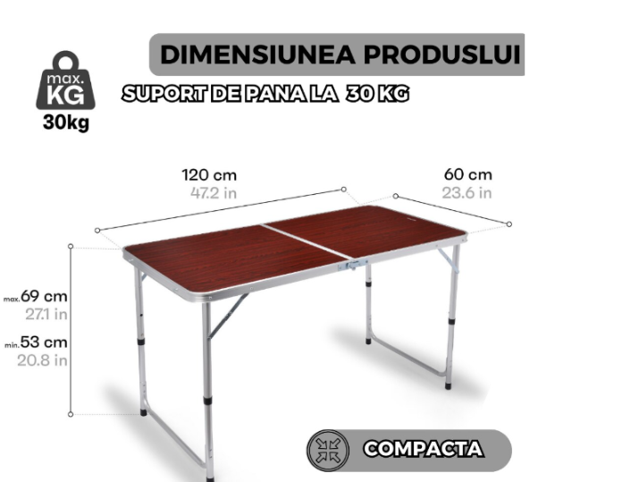 Masuta pliabila picnic din aluminiu Dalys®, tip servieta, 60 x 120 cm