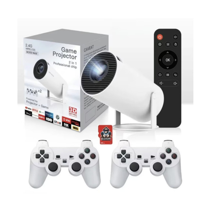 Videoproiector Portabil 4K Ultra HD cu 2 Controllere si 10.000 Jocuri incluse, WiFi, Bluetooth 5.0, 5000 lumeni, difuzor integrat, telecomanda, Rotatie 180 grade