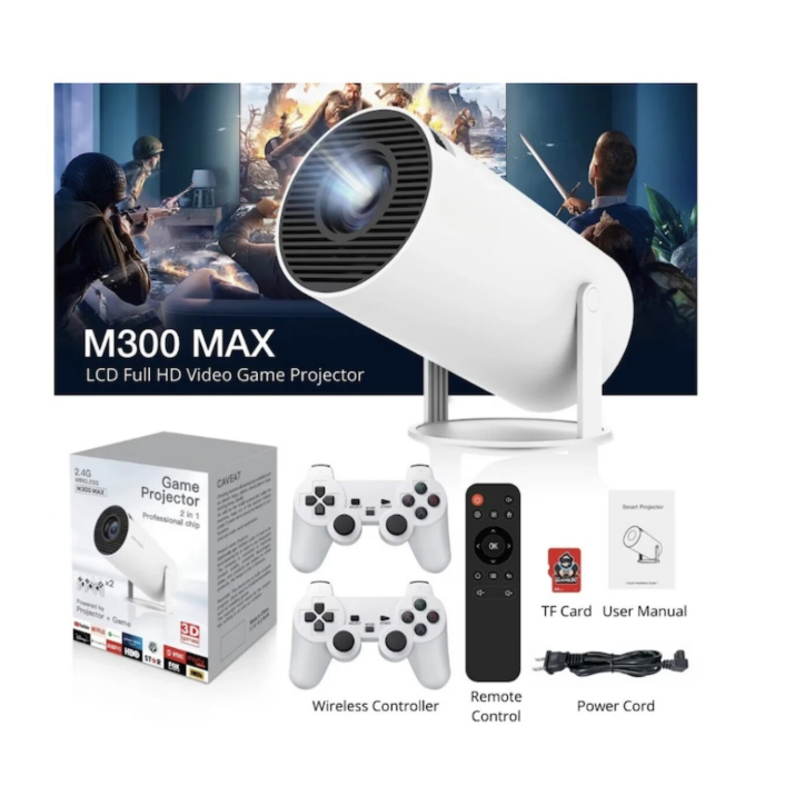 Videoproiector Portabil 4K Ultra HD cu 2 Controllere si 10.000 Jocuri incluse, WiFi, Bluetooth 5.0, 5000 lumeni, difuzor integrat, telecomanda, Rotatie 180 grade