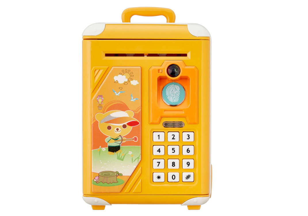 Pusculita de jucarie pentru copii Interactiva, Cu Sunete si Lumini, functie de inchidere pe amprenta sau cod, rulare automata a bancnotelor