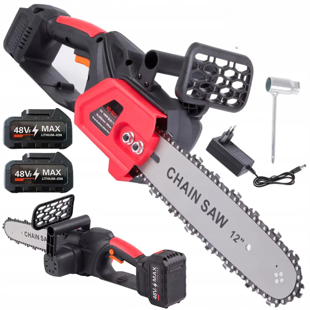 Drujba electrica Dalys®cu lant 12 inch, Sistem de Ungere Automată și Pompa Manuală de Ulei cu 2 Acumulatori, 48 V, Lithium, 1 lant, 1200 W, 4800rpm, 305mm