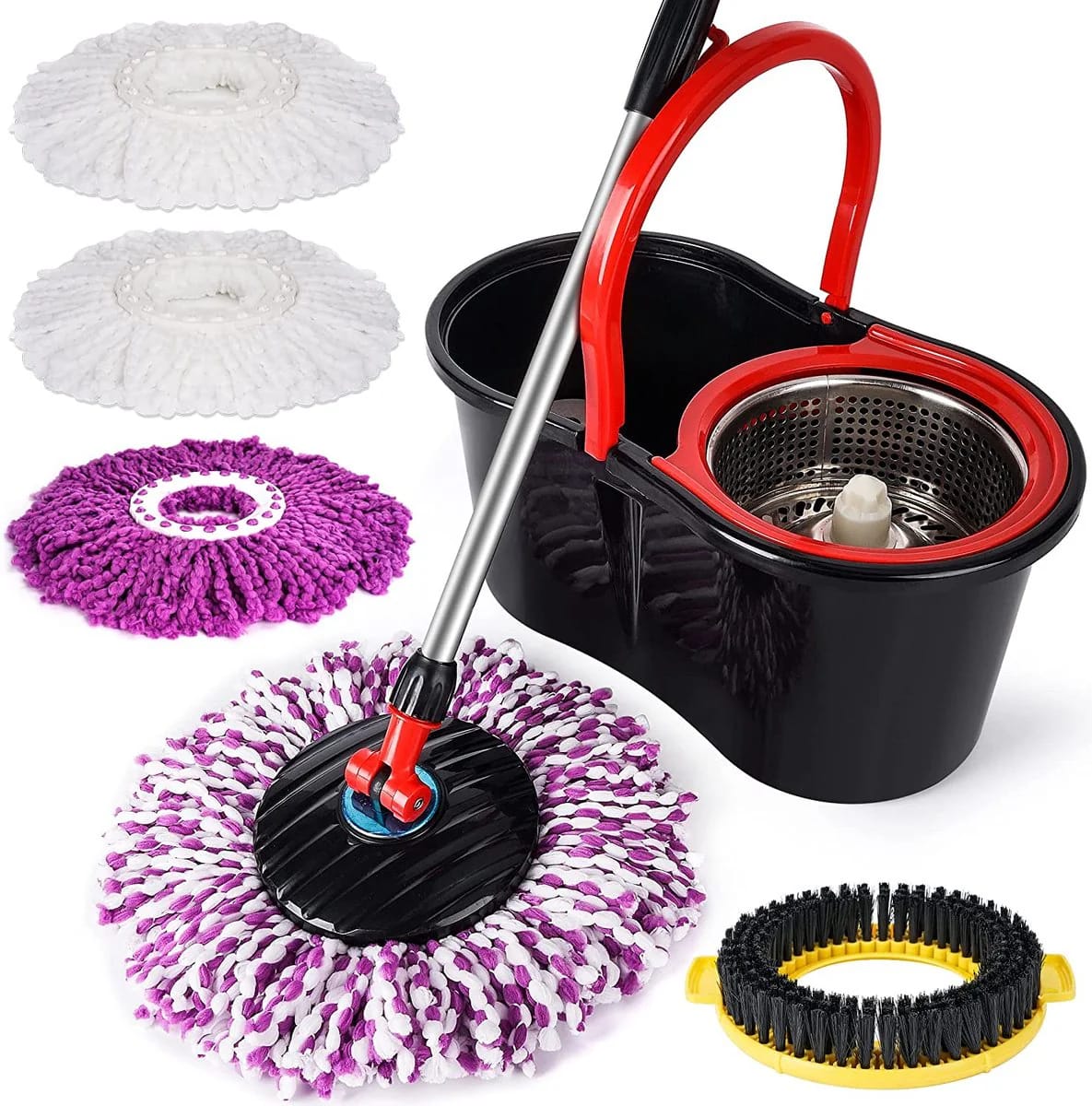 Set Mop Rotativ, Cuva din Inox, 4 Rezerve Diferite + Perie Rosturi