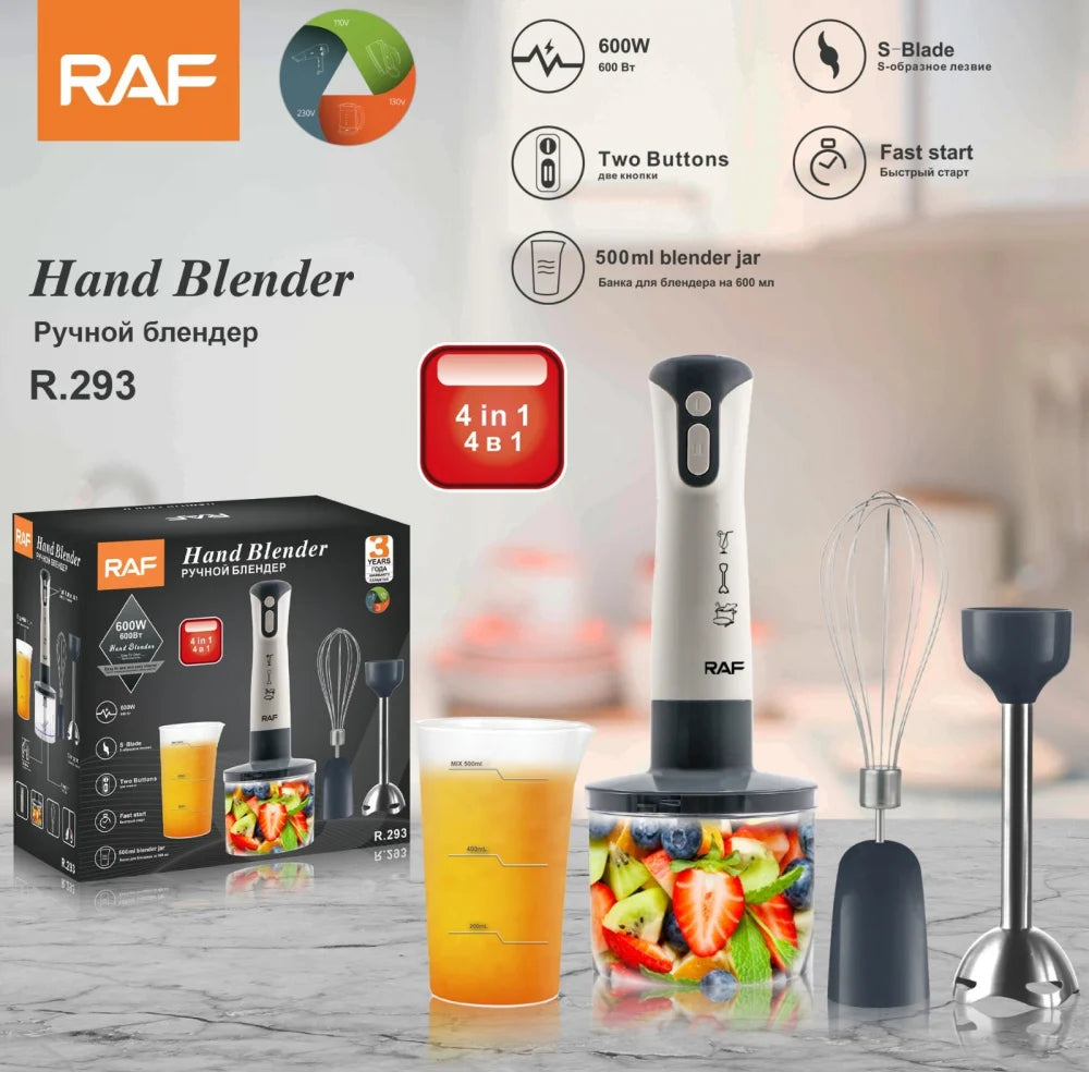 Blender de mana profesional, RAF, 4 in 1, Cana 500ml, Tel, Tocator, putere 600W Alb