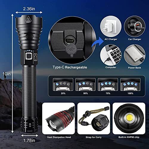 Lanterna Profesionala Puternica cu LED CREE XHP90, rezistenta la apa,6000 de lumeni, 2 acumulatori inclusi
