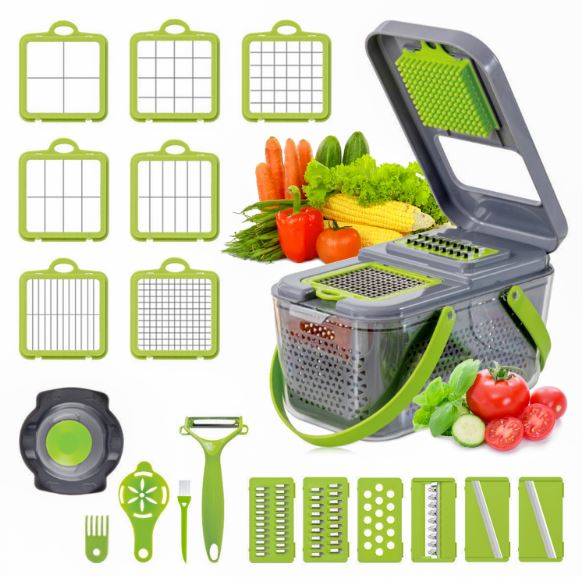 Razatoare Multifunctionala 2 in 1 Dalys® pentru legume si fructe, 22 de piese, cu functie de caserola, lame din otel inoxidabil si maner protectie, gri/verde
