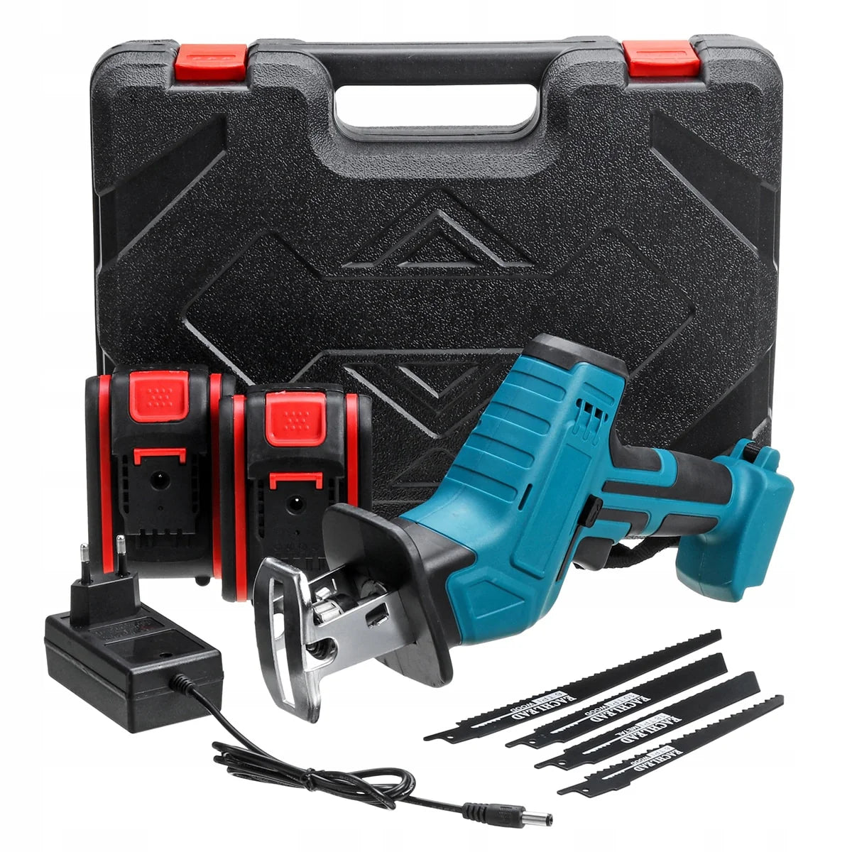 Fierastrau tip sabie 3000rpm cu 2 acumulatori 48V, 5000mAh,mandrina autoblocanta, 4 bucati panza diferite modele,1 incarcator, valiza compacta de transport, Albastru