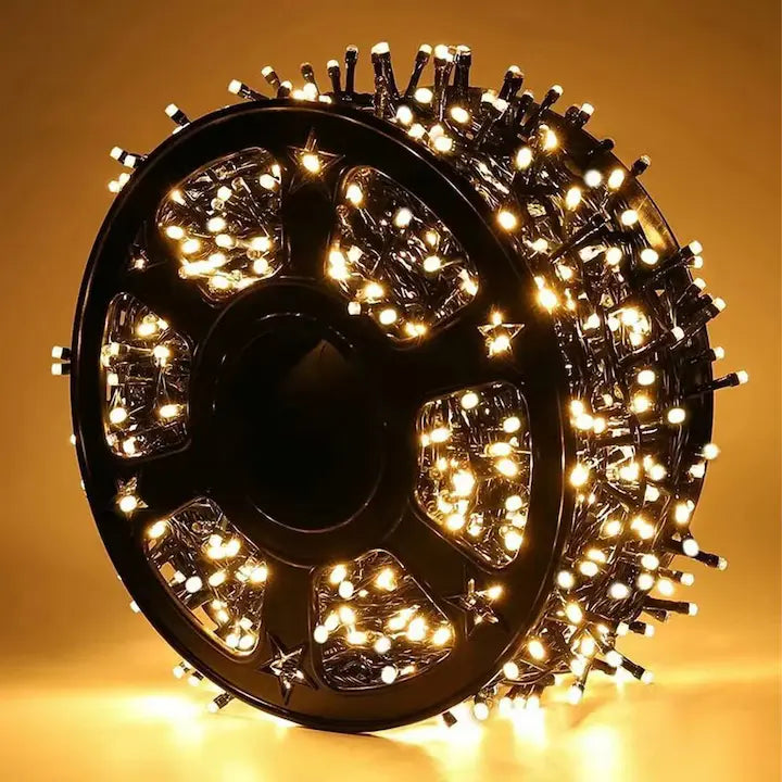 Instalatie de Craciun Rola 100m, 480 LED -uri, Cu 8 Jocuri de Lumini, Pentru Exterior/Interior, Fir Verde Inchis, Protectie Apa, IP 44, Alb cald