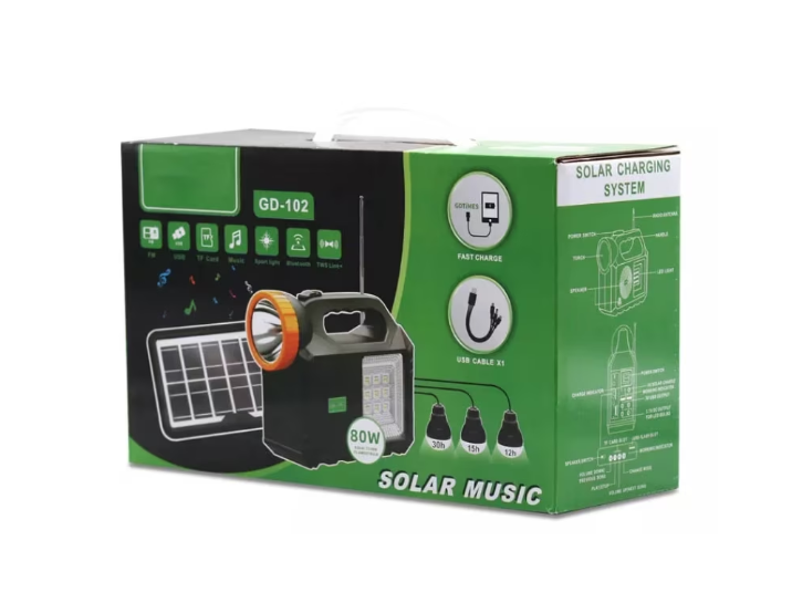 Kit solar de iluminare GD Times GD-102, 3 becuri, boxa BT, radio, 80W XL