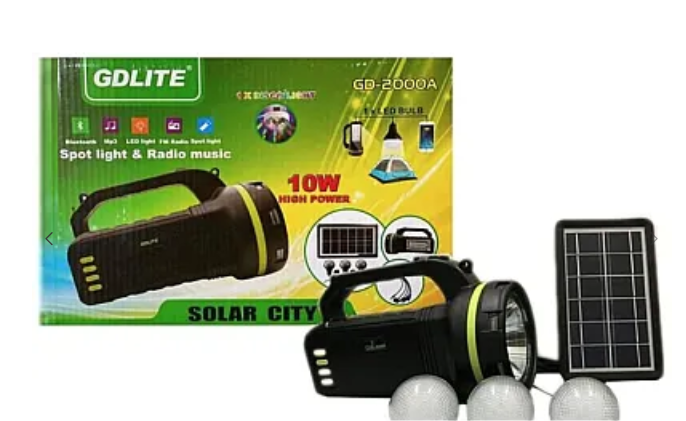 Kit Solar Portabil GDLite GD-2000A, Panou solar, USB, Bluetooth, Radio FM, MP3, Lanterna LED, 3 Becuri Incluse, Incarcare telefonica, Alimentare 220V