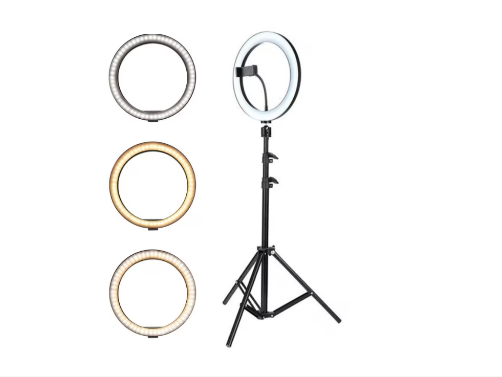 Lampa circulara profesionala  Led Ring Light, diametru 26 cm, 10 inch, 120 LED-uri , trepied inclus, 3 moduri de lumina, 10 trepte reglaj, suport telefon, Negru