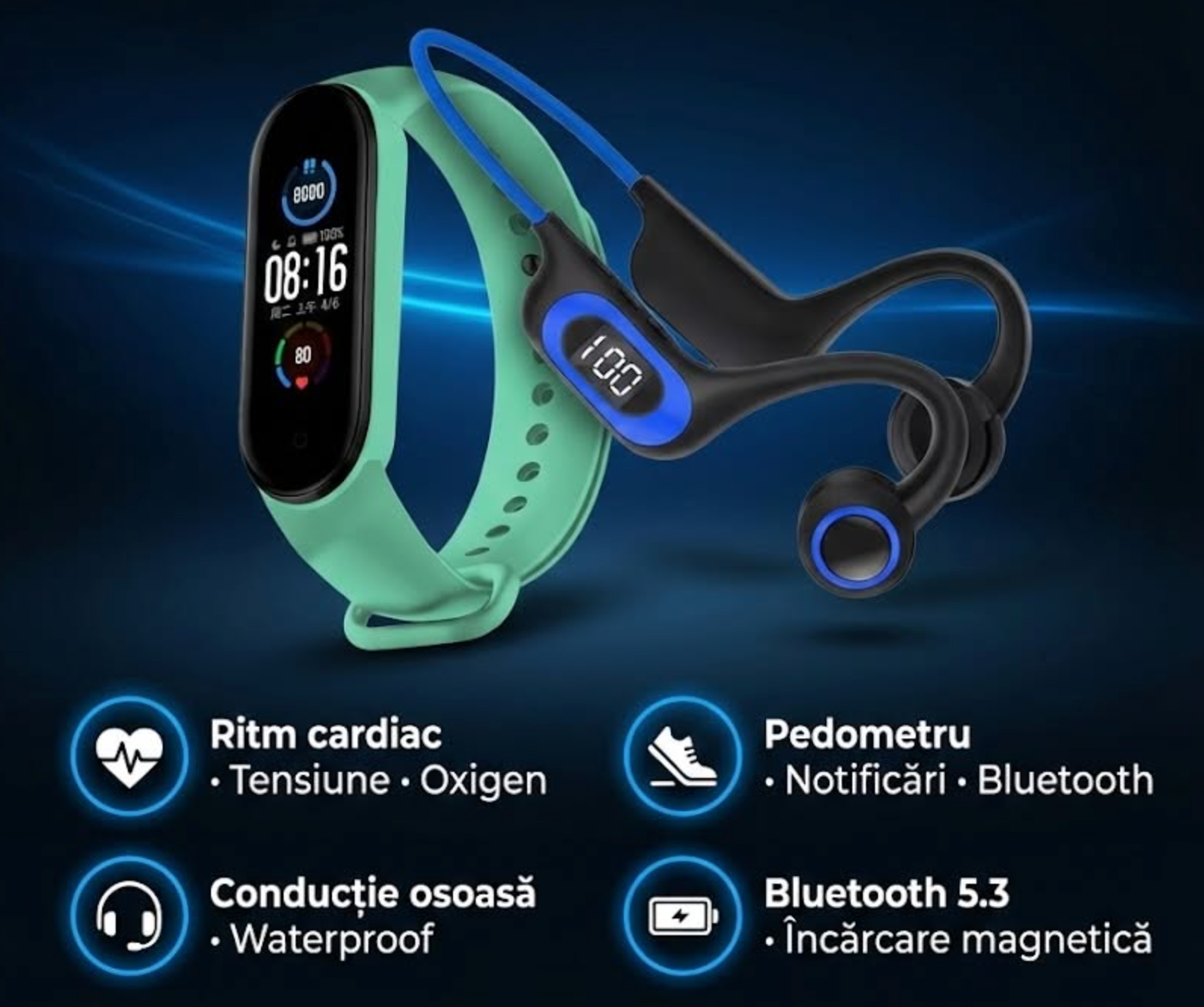 PACHET FITNESS Bratara fitness M5 inteligenta cu masurarea tensiunii arteriale, Ritm cardiac, Nivel oxigen, Notificari, Pedometru, Bluetooth, Incarcare magnetica + Casti Sport Fara Fir, Conductie Osoasa, Waterproof, Cu Microfon,Bluetooth 5.3, Acumulator