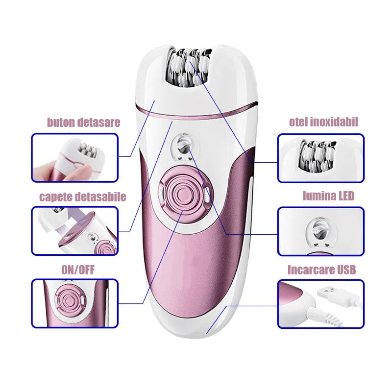 Set epilator 4 in 1 Dalys®, cu 4 Capete, Epilator Membre, Subrat, zone mici sau intime si pila pentru calcaie