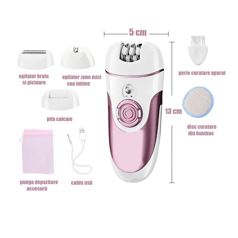 Set epilator 4 in 1 Dalys®, cu 4 Capete, Epilator Membre, Subrat, zone mici sau intime si pila pentru calcaie