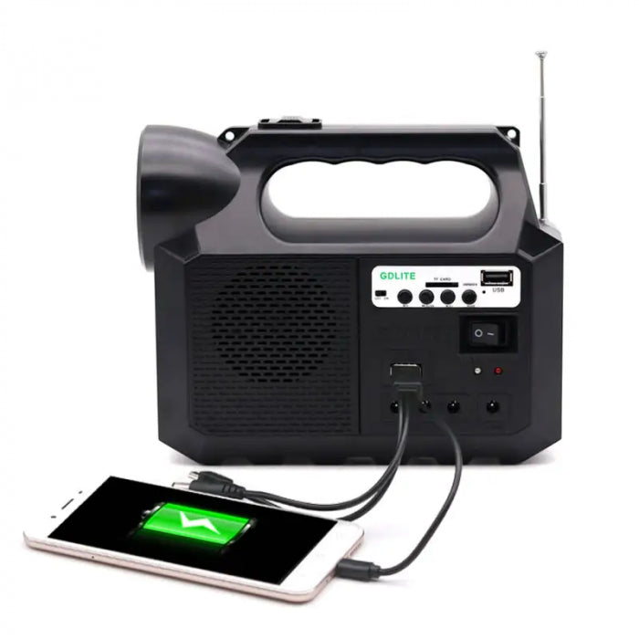 Kit Solar Portabil GDLite GD-8017, Panou solar, USB, Bluetooth, Radio FM, MP3, Lanterna LED, 3 Becuri Incluse, Incarcare telefonica