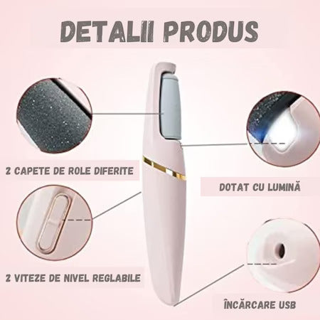 Pila pentru talpi si calcaie Dalys®, Wireless, Incarcare USB, Limina LED, Impermeabila, Design ergonomic, roz